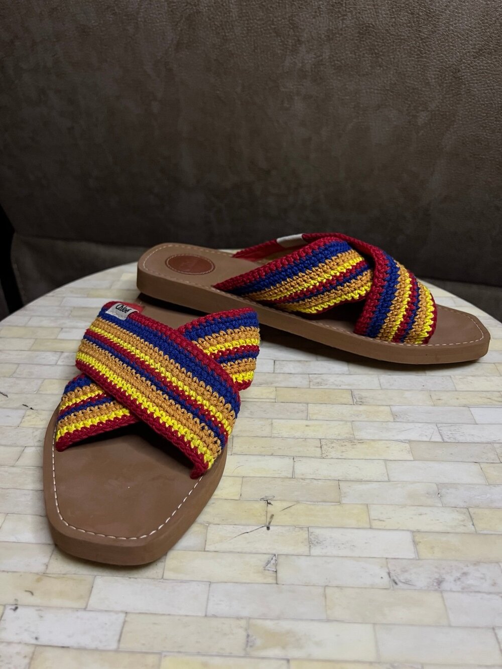 Chloé Woody Crochet Crossover Flat Slide Sandals in a Multicolored Colorway